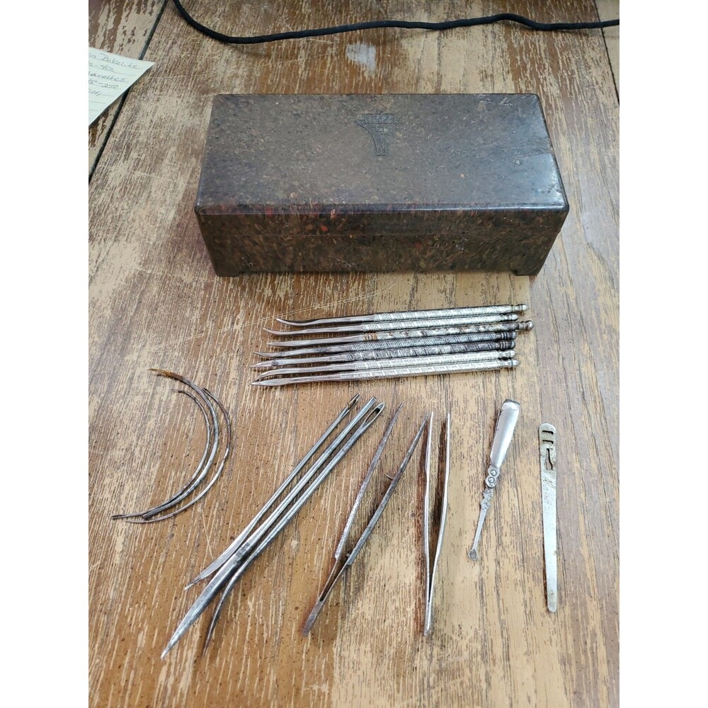 Antique Art Deco Bakelite Box Leather Awls Curved Sewing Needles Tweezers Picks - Picture 2 of 16